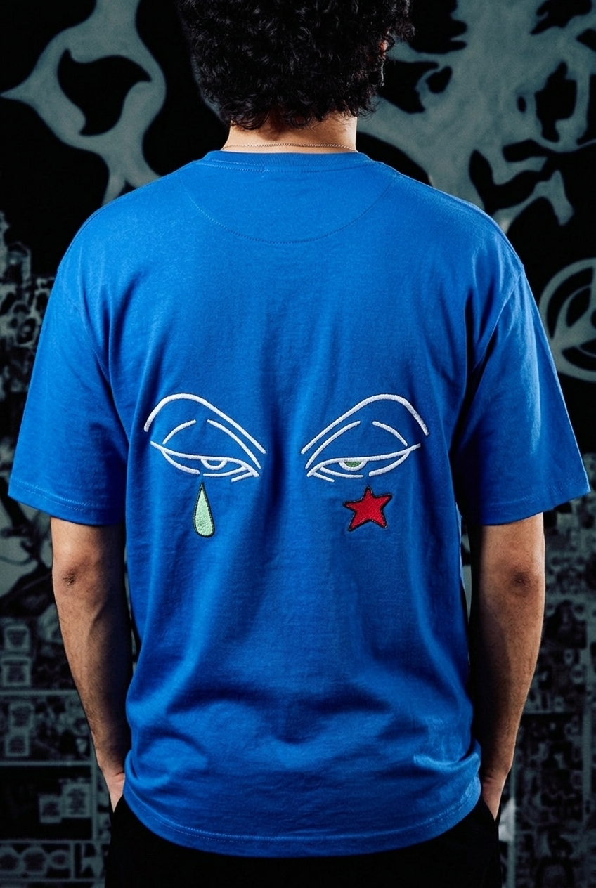 Anime Originals Embroidered T-Shirt – Tear & Star Back Print – Light Blue