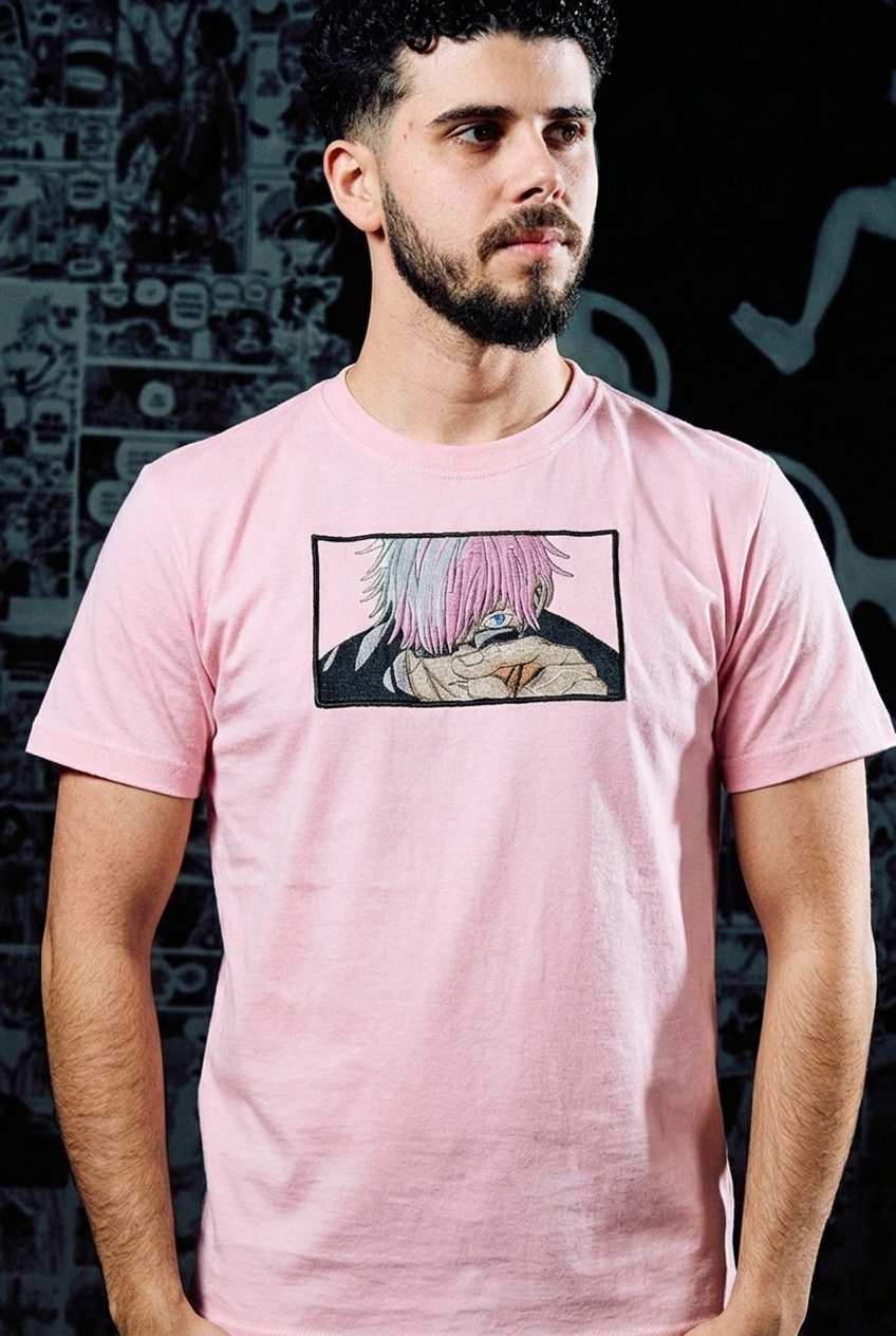 Jujutsu Kaisen Embroidered T-Shirt – Gojo Satoru Limitless – Light Pink