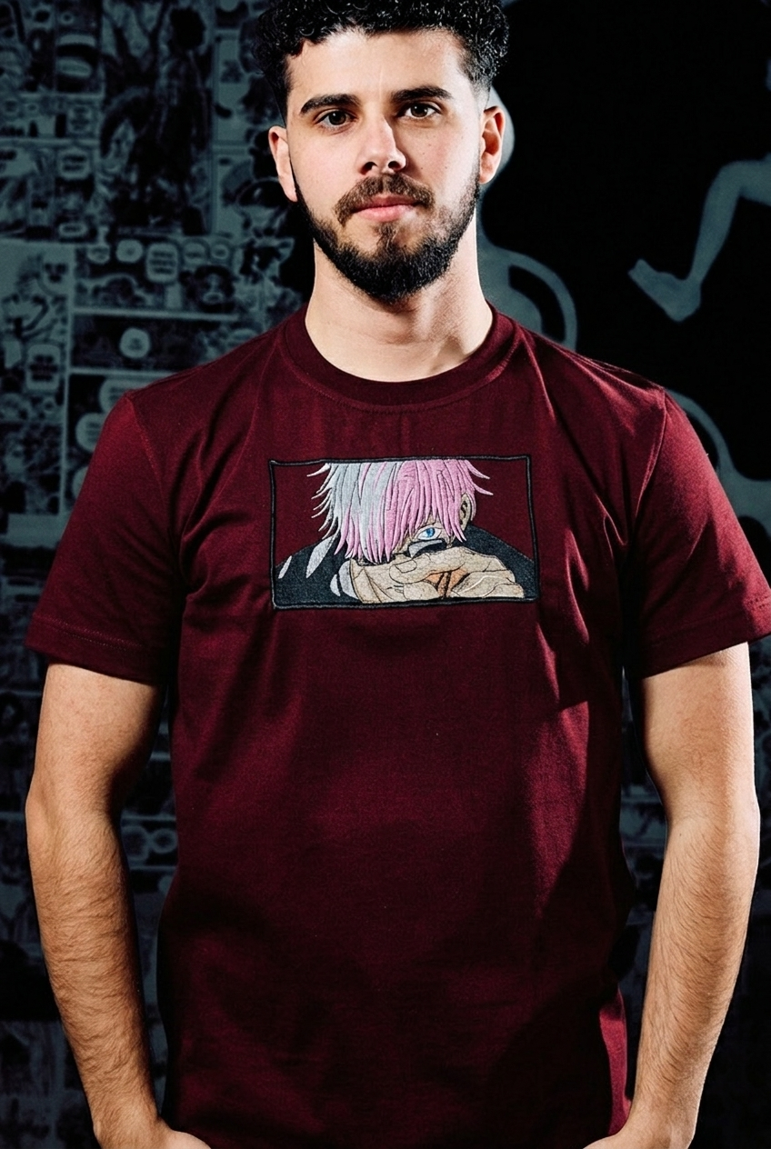 Jujutsu Kaisen Embroidered T-Shirt – Gojo Satoru Limitless – Dark Red