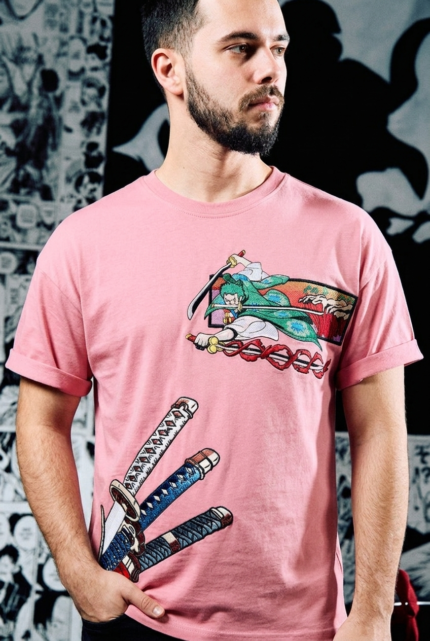 One Piece Embroidered T-Shirt – Luffy (Premium Edition) – Light Pink