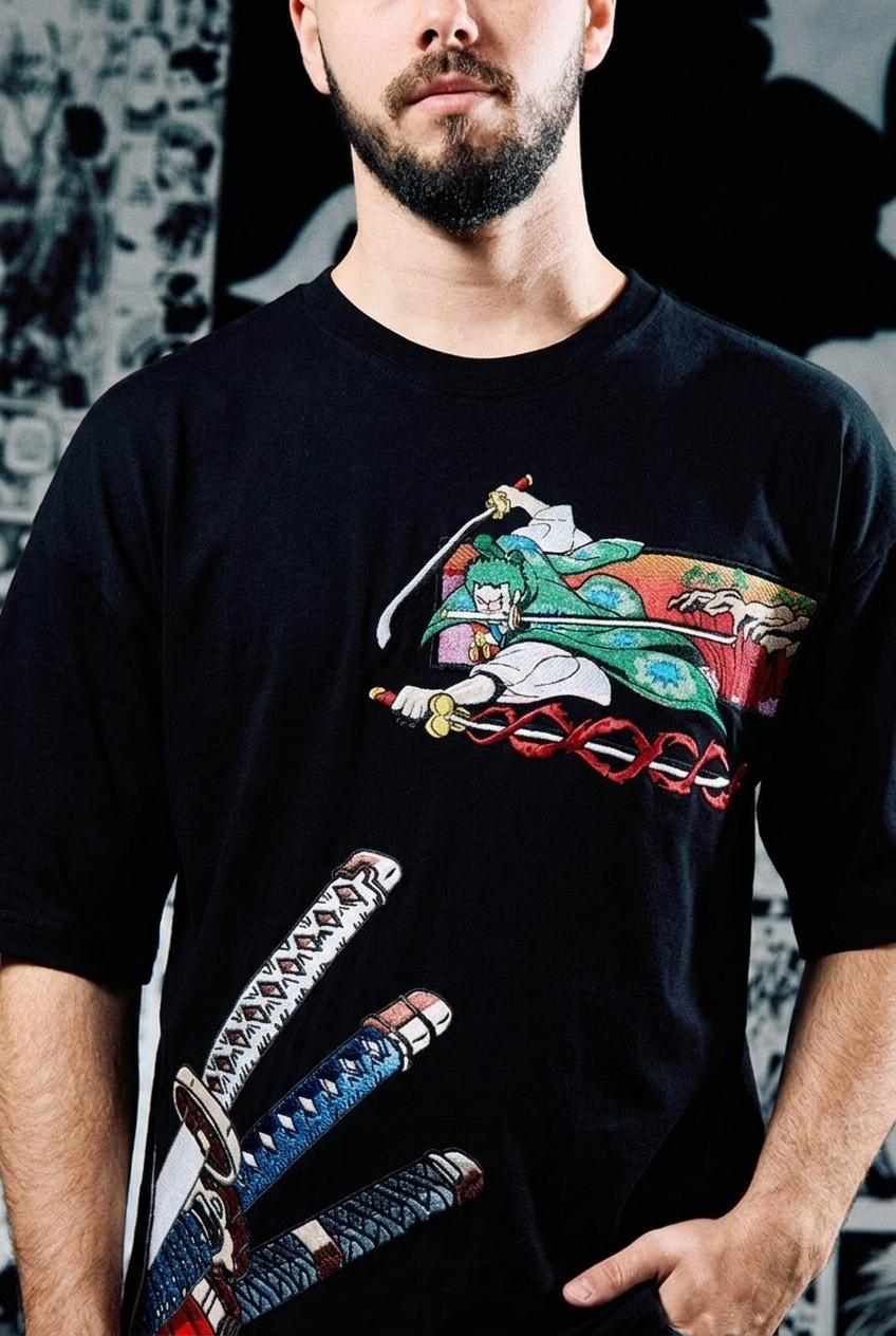 One Piece Embroidered T-Shirt – Zoro Three Swords Wano – Black