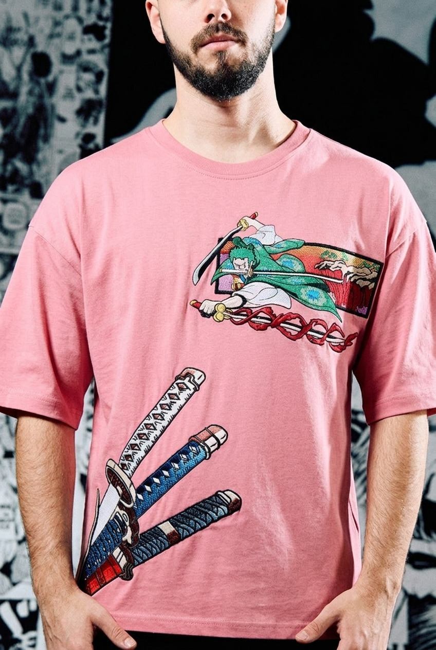 One Piece Embroidered T-Shirt – Zoro Three Swords Wano – Light Pink