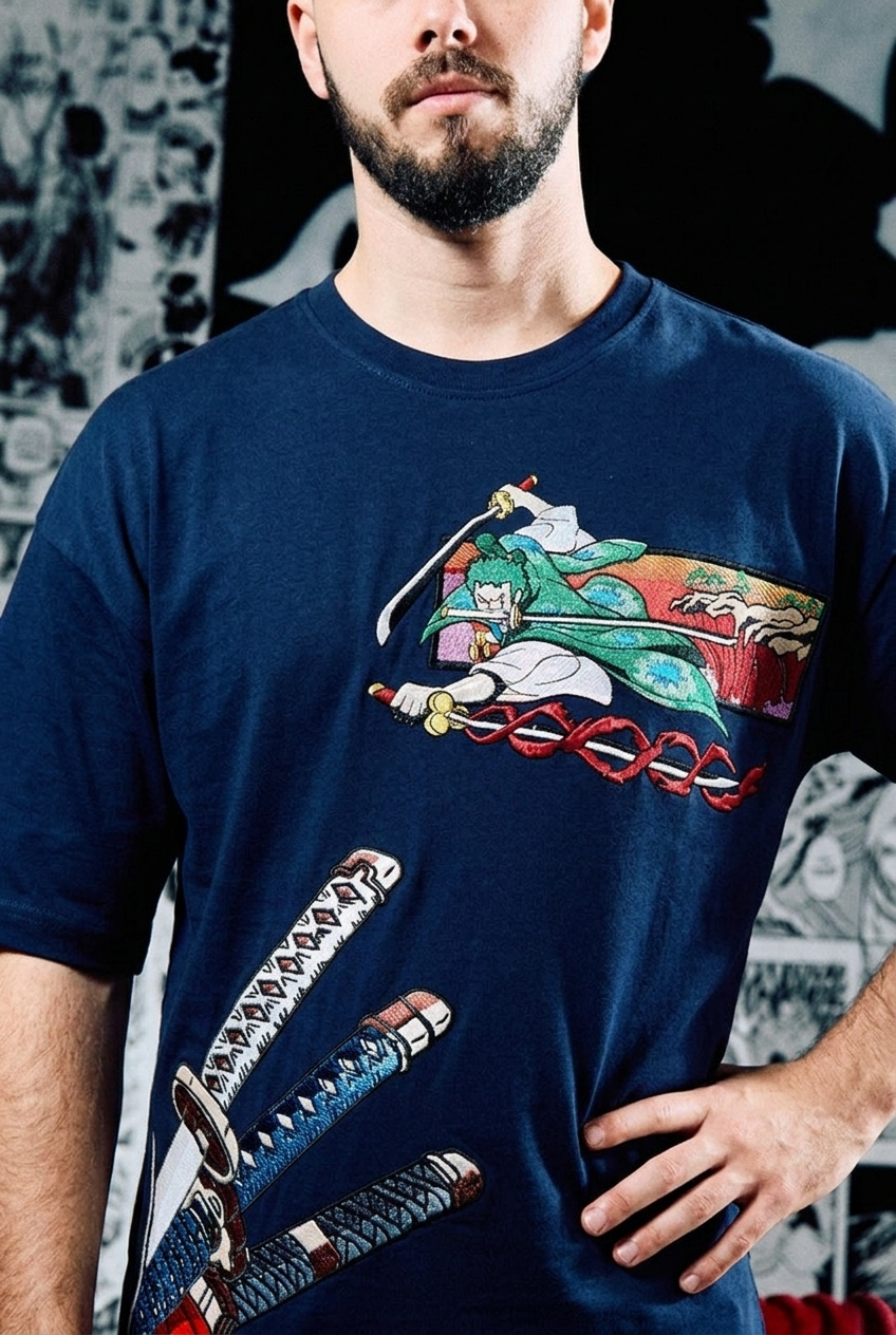 One Piece Embroidered T-Shirt – Zoro Three Swords Wano – Navy