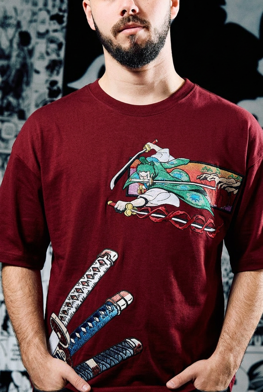 One Piece Embroidered T-Shirt – Zoro Three Swords Wano – Dark Red