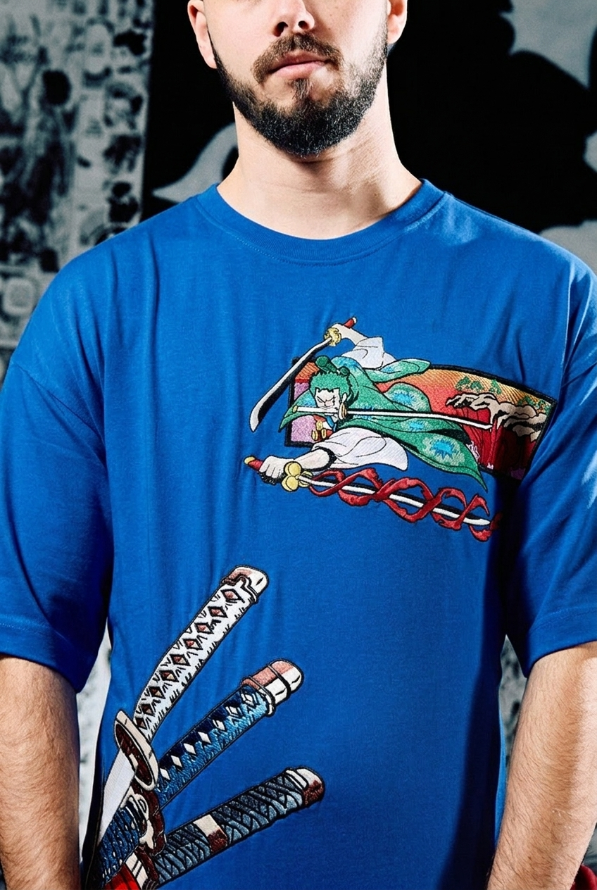 One Piece Embroidered T-Shirt – Zoro Three Swords Wano – Light Blue