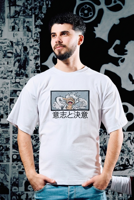 One Piece Embroidered T-Shirt – Luffy Gear 5 Japanese – White