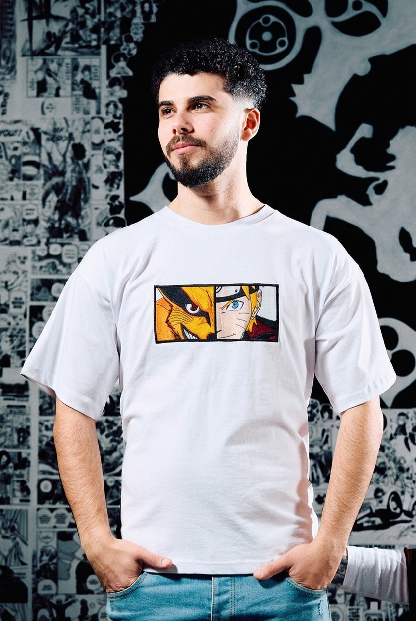 Naruto Embroidered T-Shirt – Kurama & Naruto Dual Panel – White