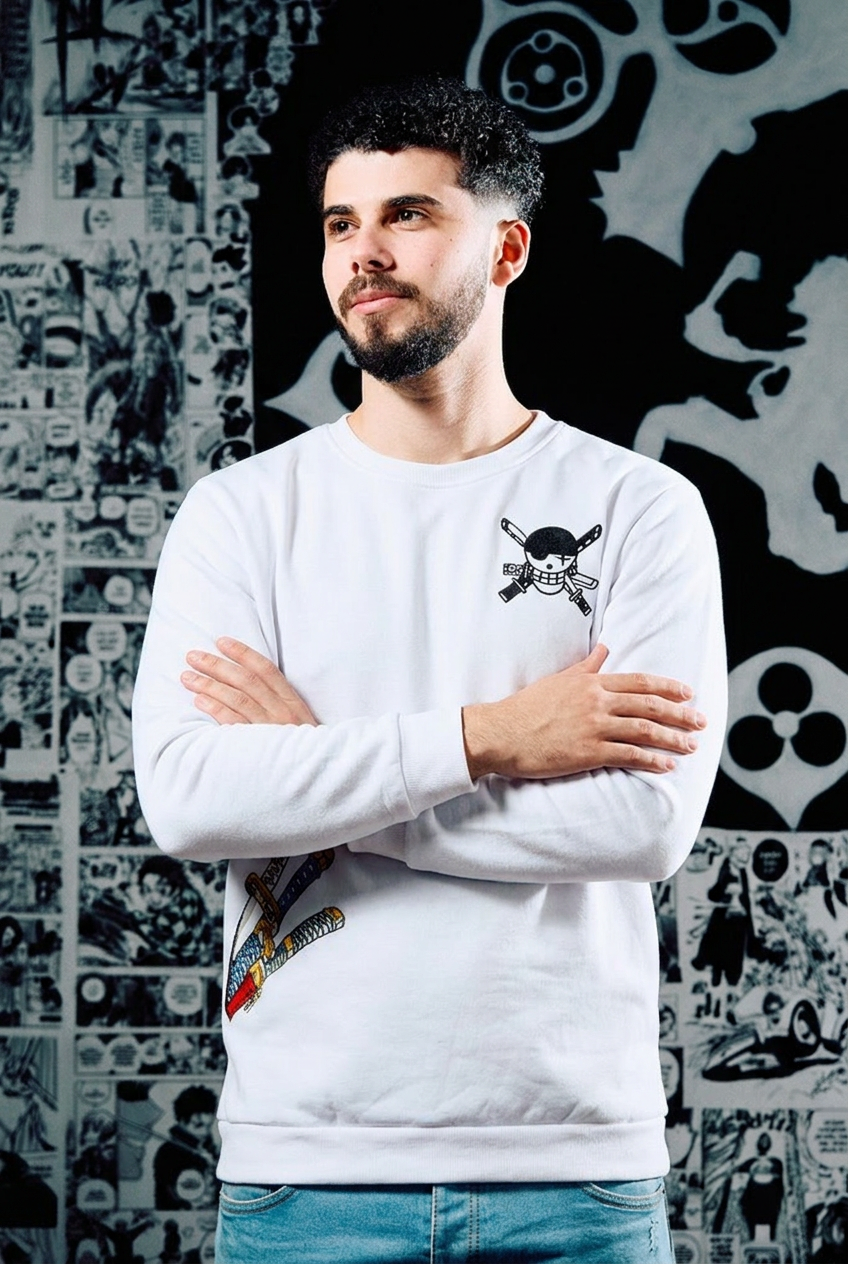 One Piece Embroidered Sweatshirt – Zoro Skull & Three Swords – Black