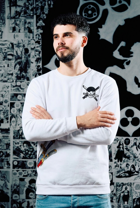 One Piece Embroidered Sweatshirt – Zoro Skull & Three Swords – Black