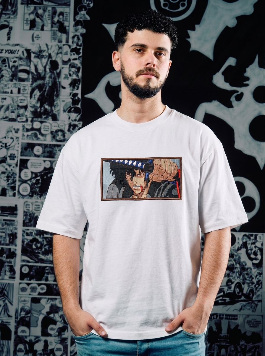 Berserk Embroidered T-Shirt – Black Swordsman – White