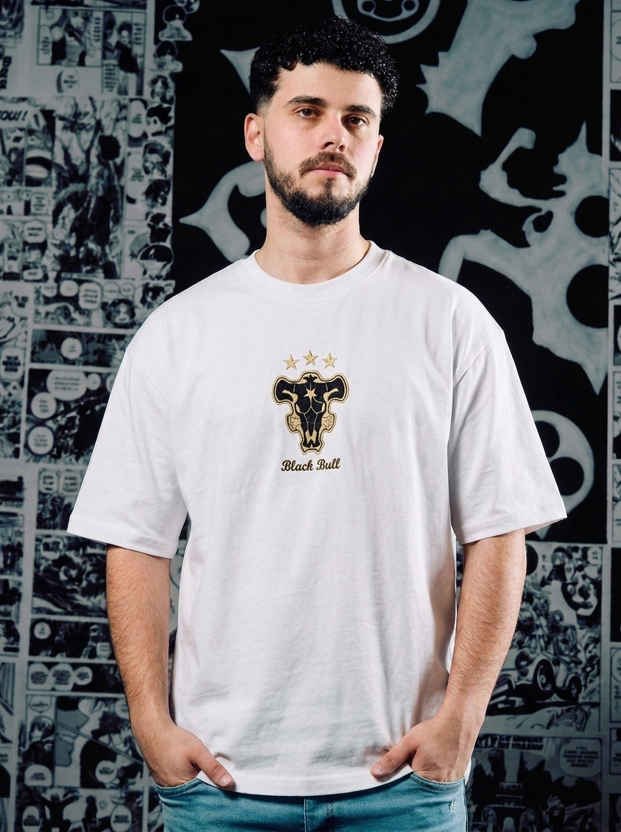 Black Clover Embroidered T-Shirt – Black Bulls Squad – White