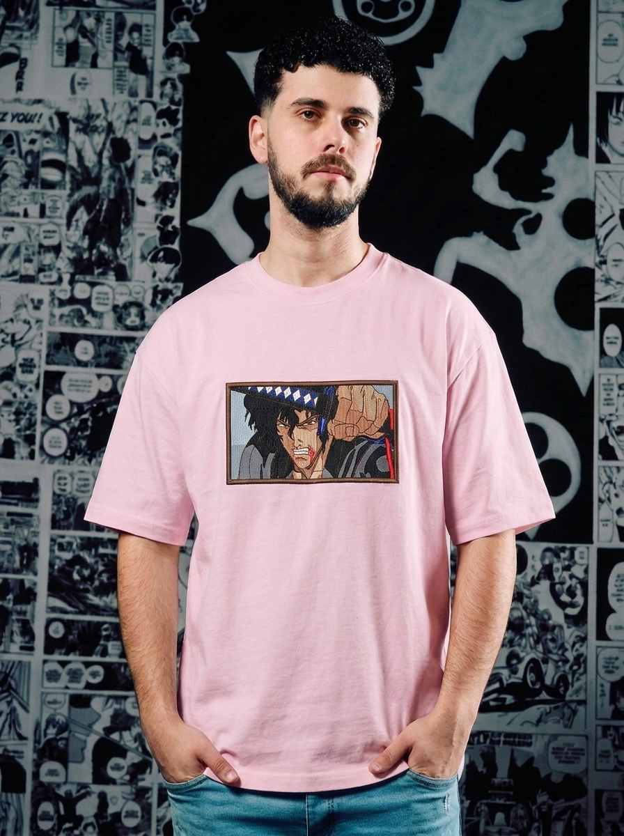 Berserk Embroidered T-Shirt – Black Swordsman – Light Pink