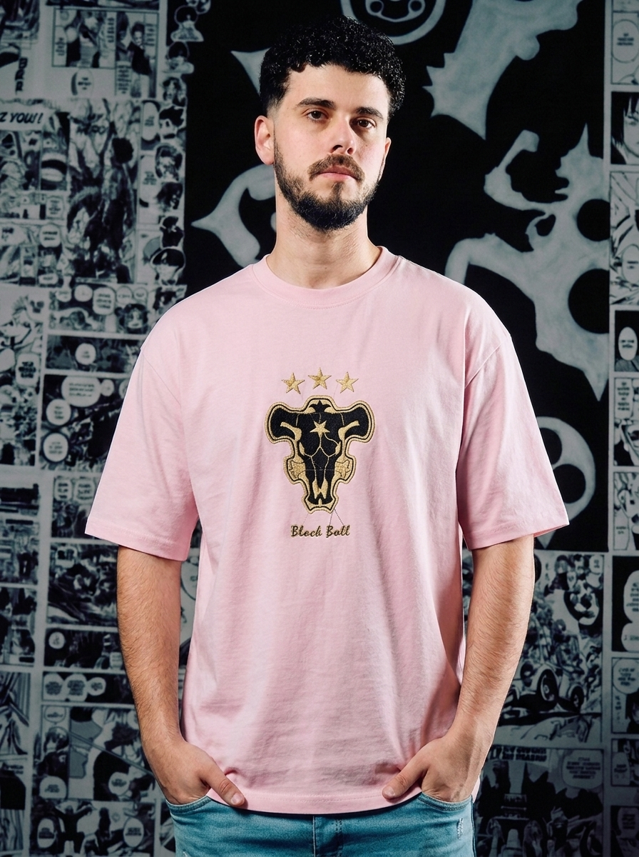 Black Clover Embroidered T-Shirt – Black Bulls Squad – Light Pink