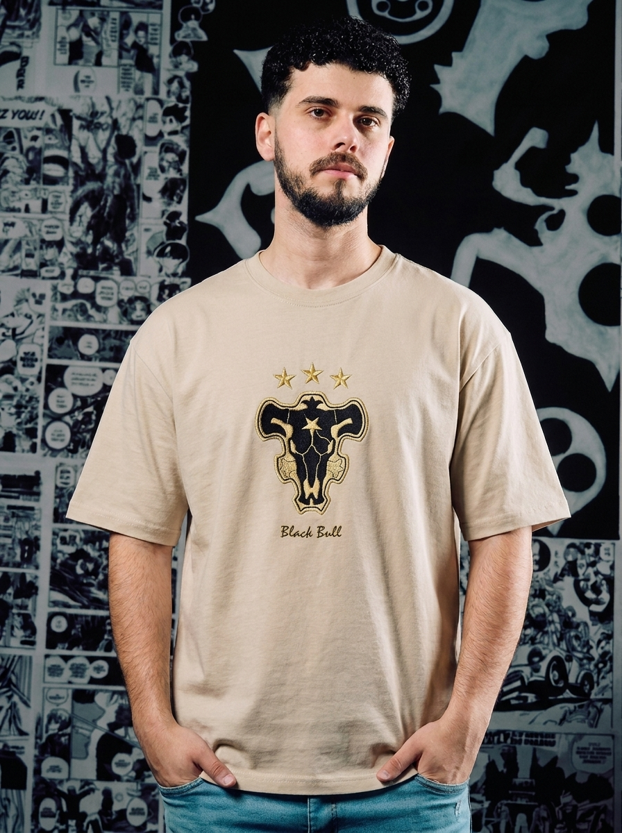 Black Clover Embroidered T-Shirt – Black Bulls Squad – Beige