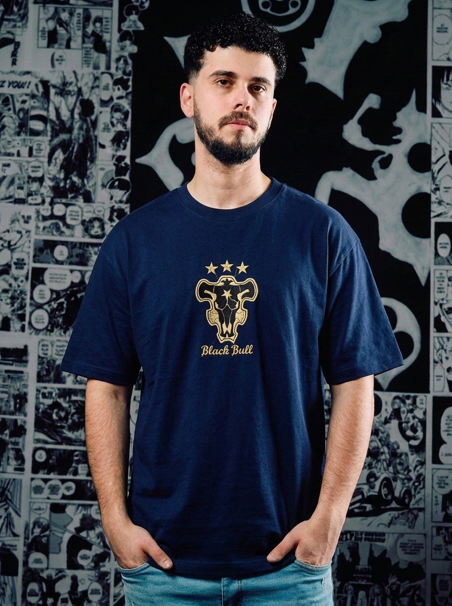 Black Clover Embroidered T-Shirt – Black Bulls Squad – Navy