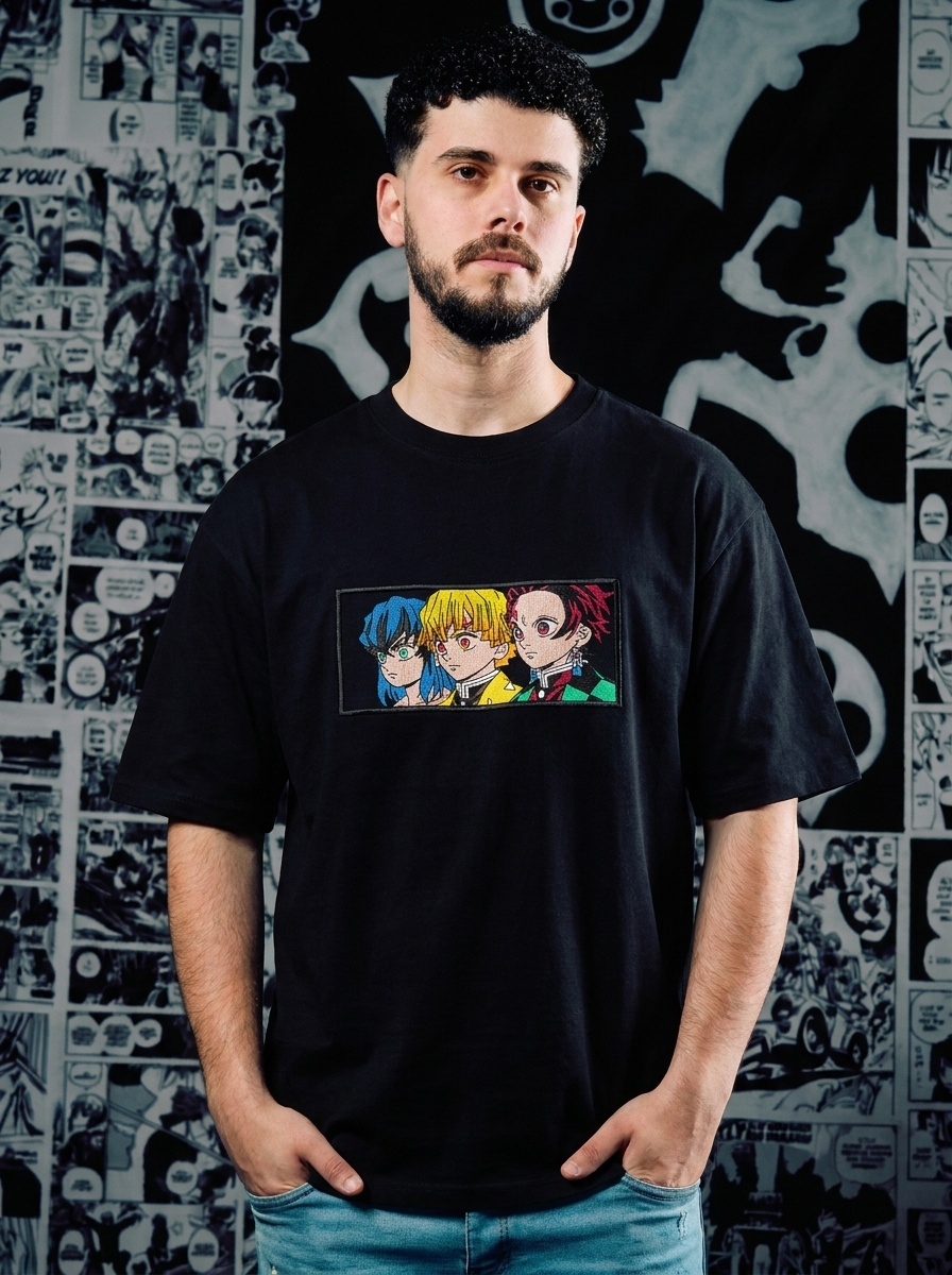 Demon Slayer Embroidered T-Shirt – Thunderclap and Flash – Black
