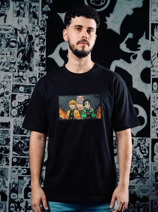 Demon Slayer Embroidered T-Shirt – Flame Hashira – Black