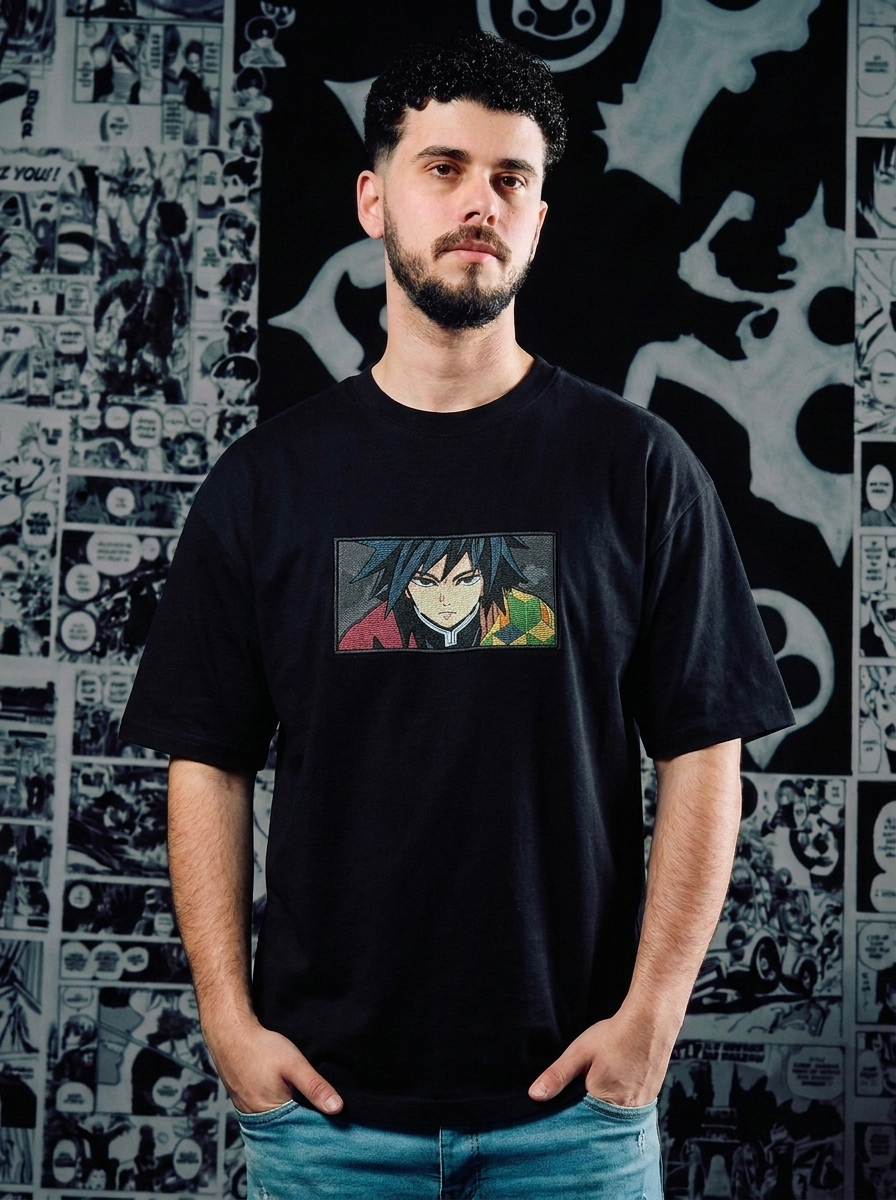 Demon Slayer Embroidered T-Shirt – Upper Moon Three – Black