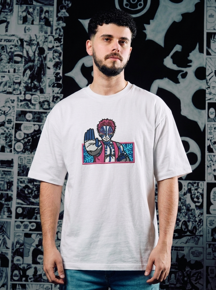 Demon Slayer Embroidered T-Shirt – Bamboo Muzzle – White