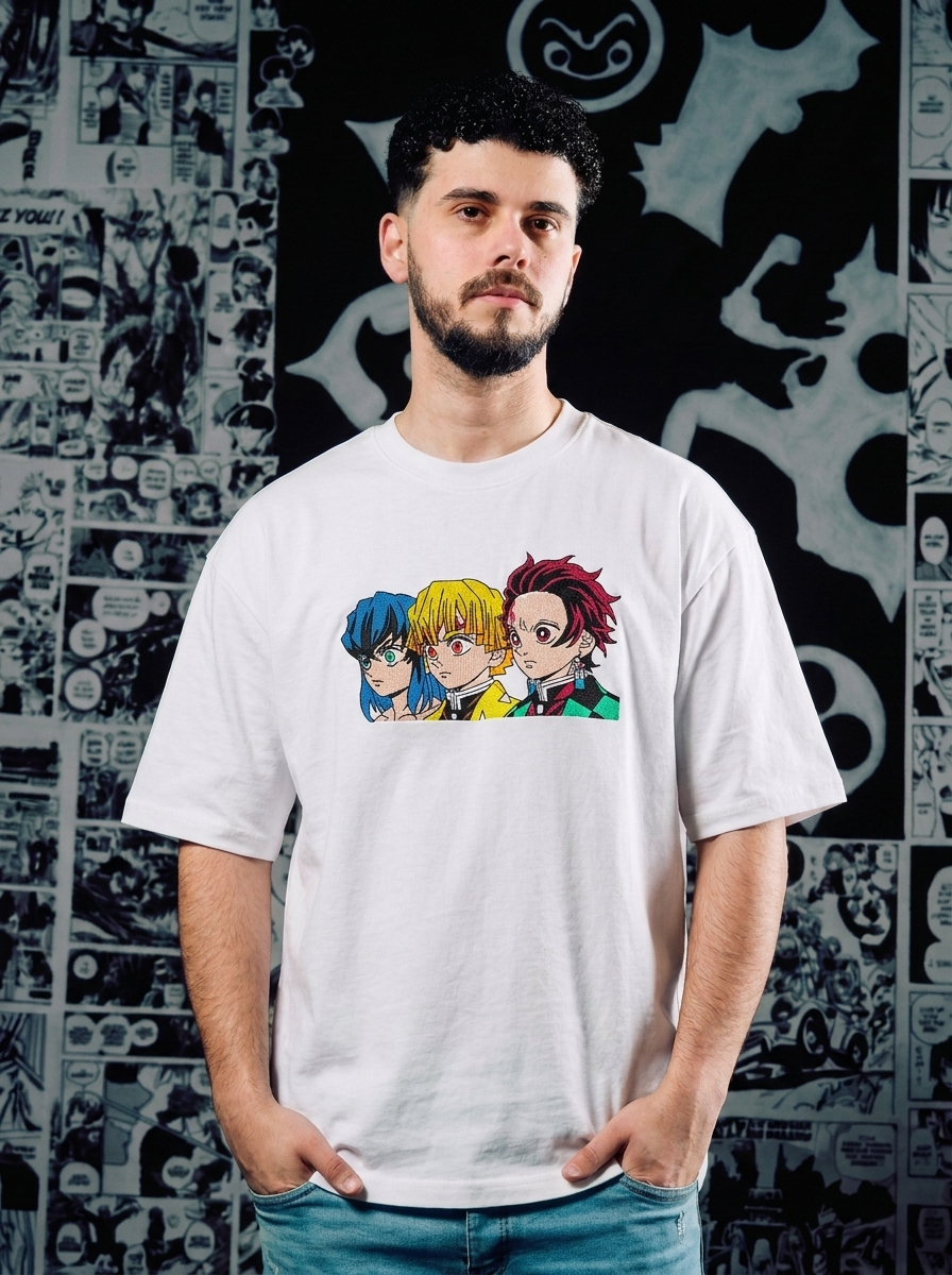 Demon Slayer Embroidered T-Shirt – Thunderclap and Flash – White