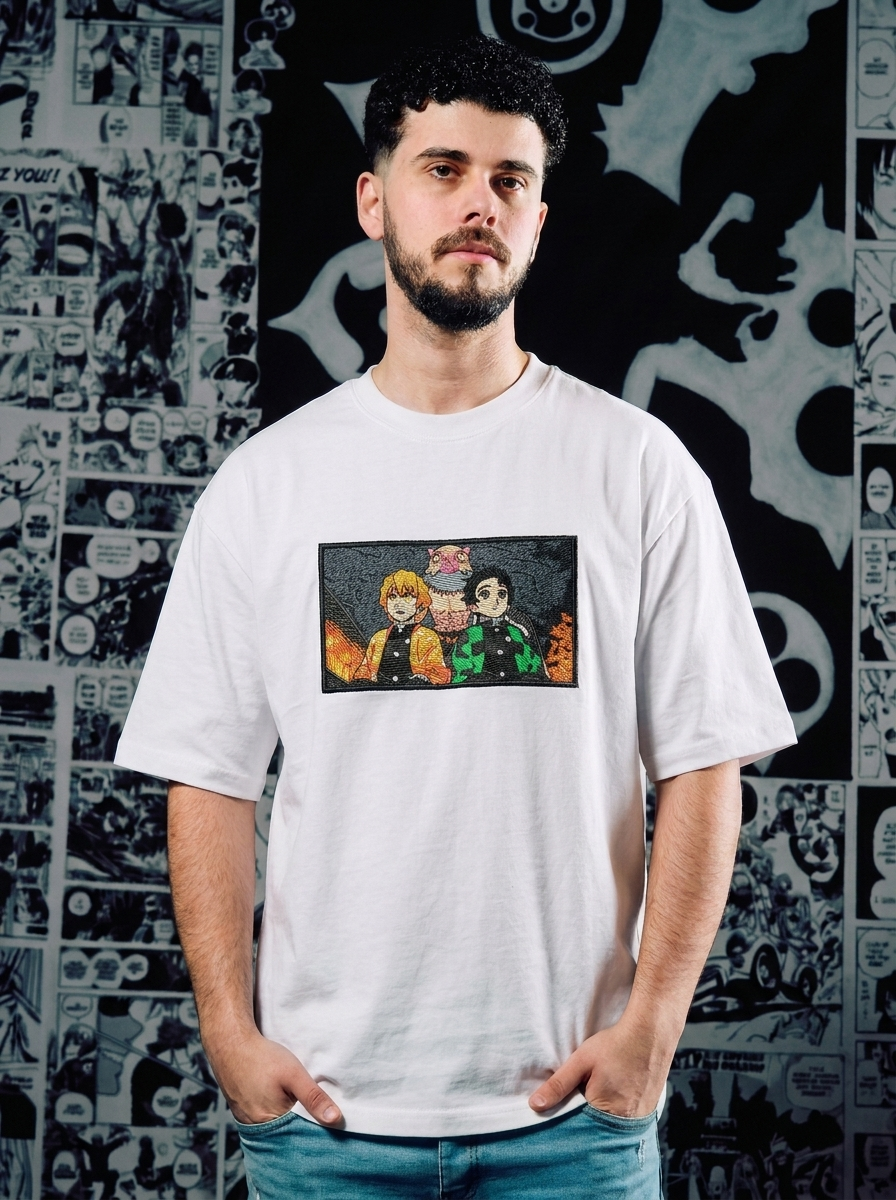 Demon Slayer Embroidered T-Shirt – Flame Hashira – White