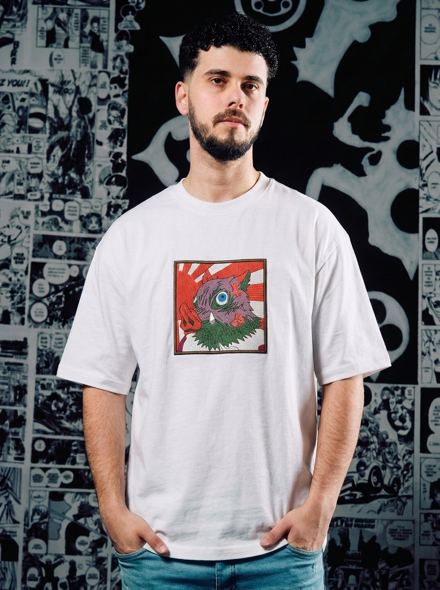 Demon Slayer Embroidered T-Shirt – Upper Moon Six: Gyutaro – White