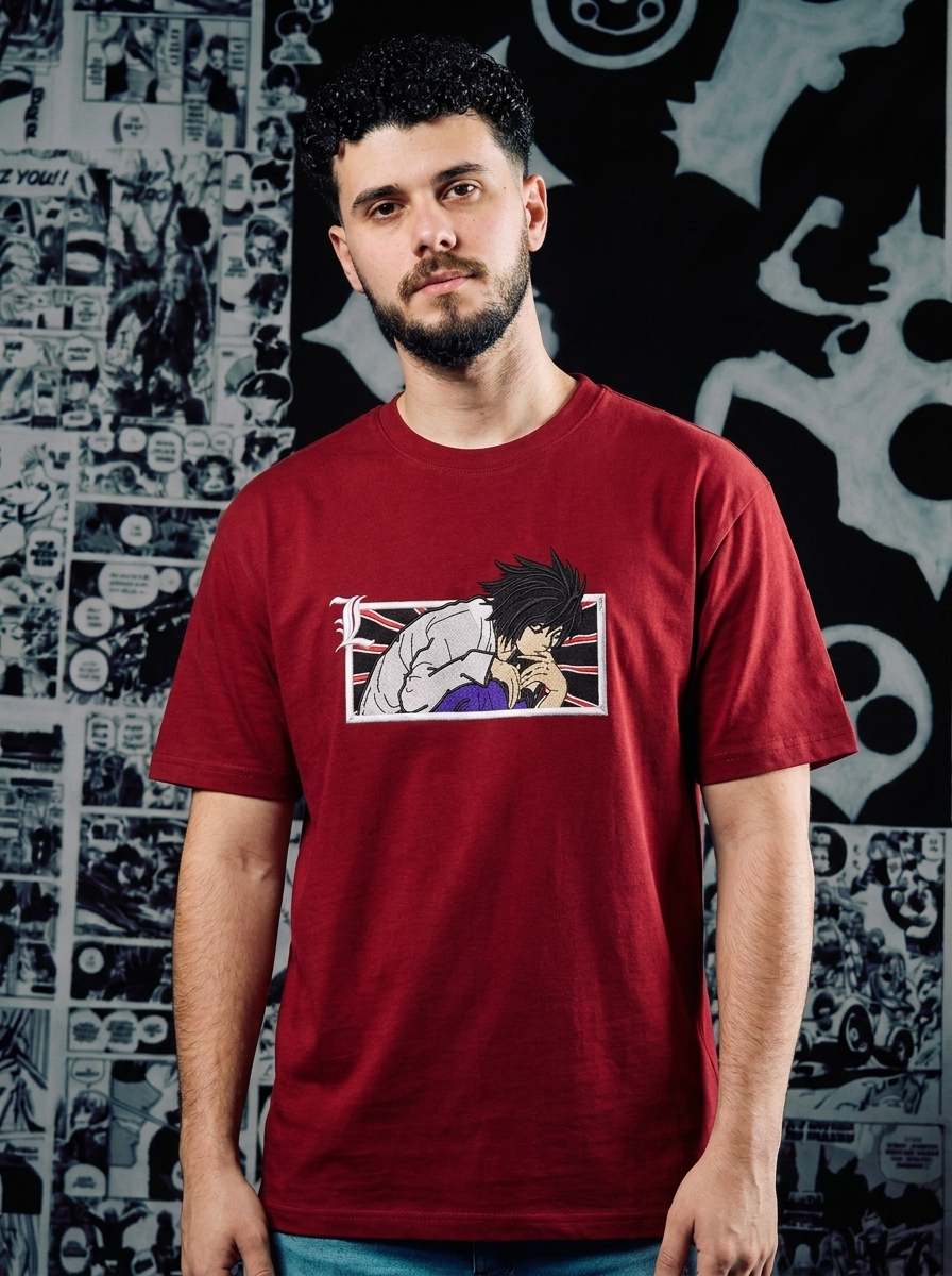 Death Note Embroidered T-Shirt – Just Justice – Dark Red