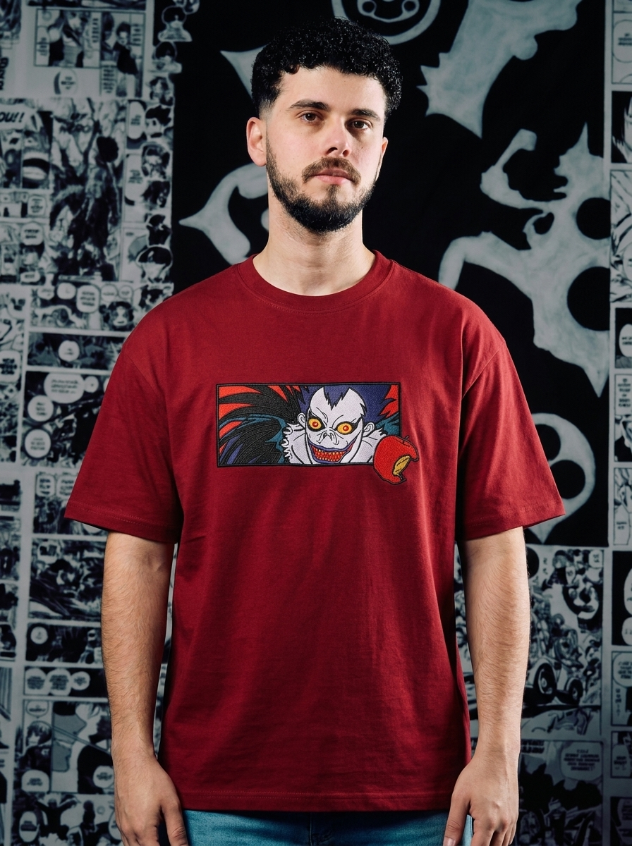 Death Note Embroidered T-Shirt – The World's Greatest Detective – Dark Red