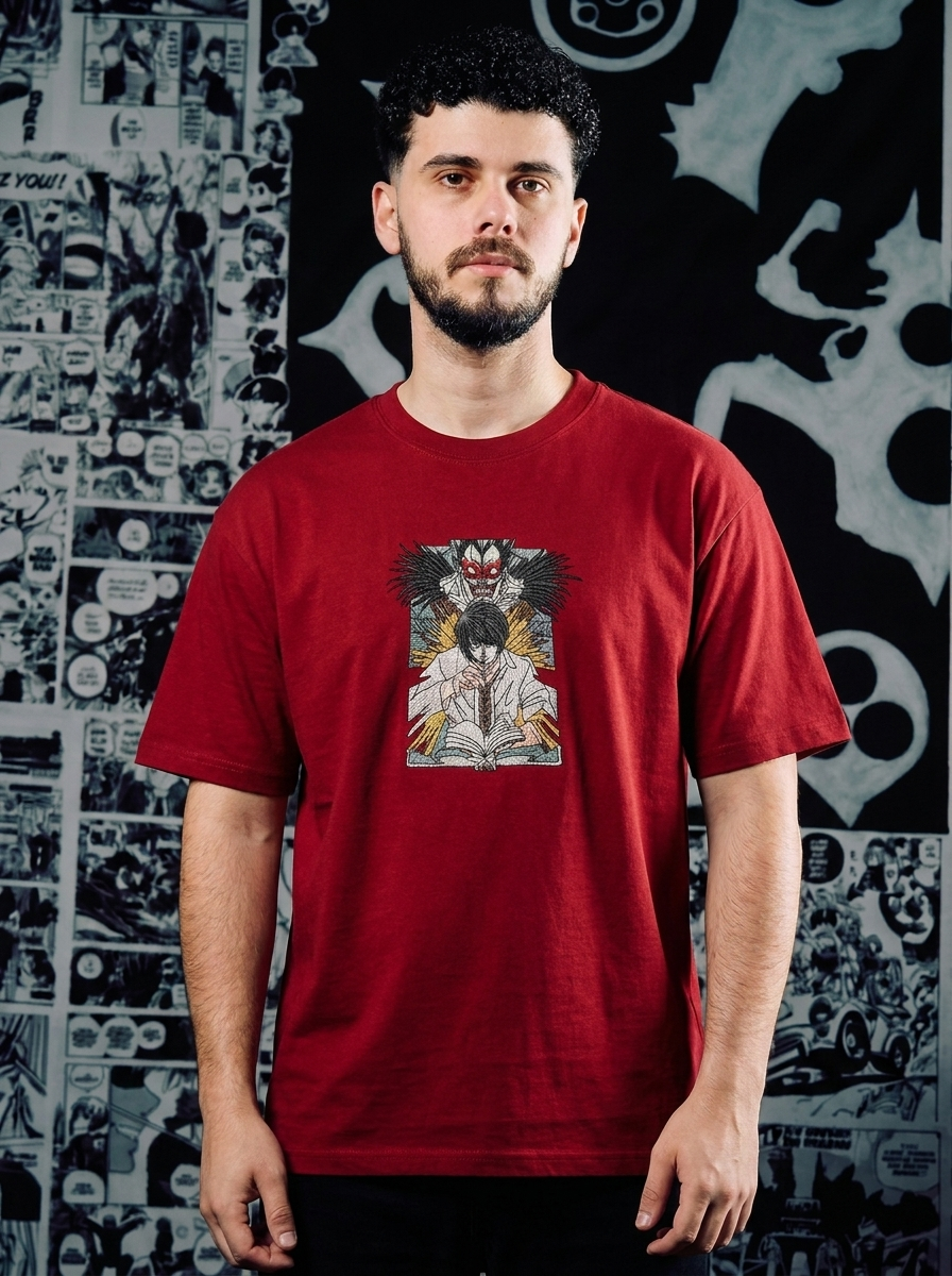 Death Note Embroidered T-Shirt – Shinigami's Apple – Dark Red