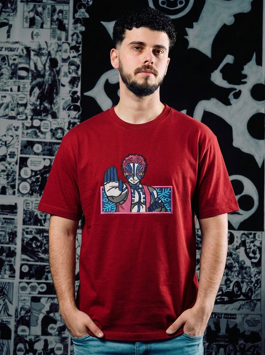 Demon Slayer Embroidered T-Shirt – Bamboo Muzzle – Dark Red