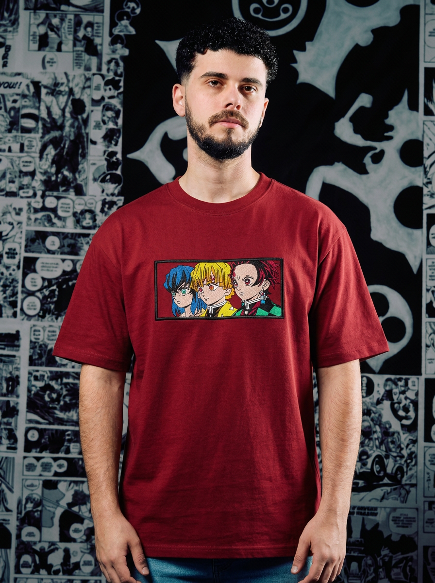 Demon Slayer Embroidered T-Shirt – Thunderclap and Flash – Dark Red