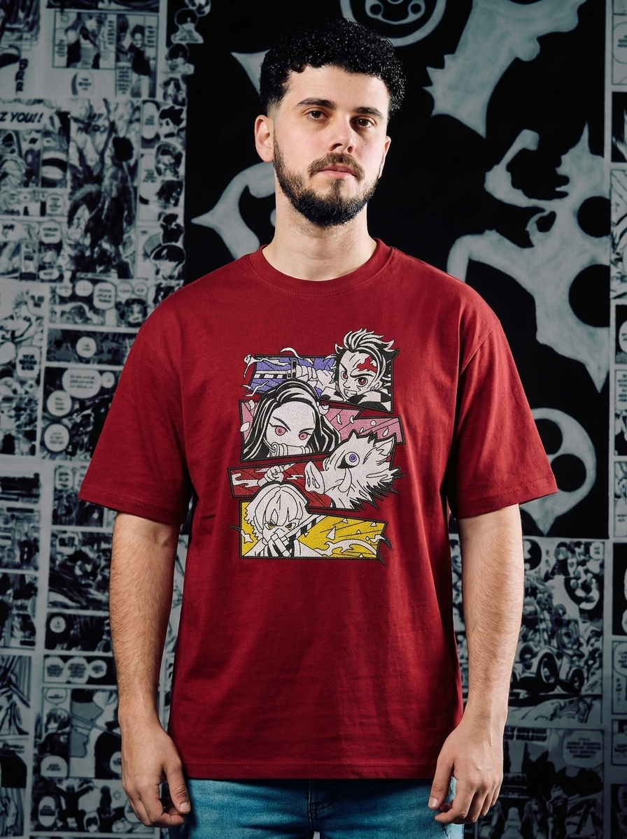 Demon Slayer Embroidered T-Shirt – Beast Breathing – Dark Red