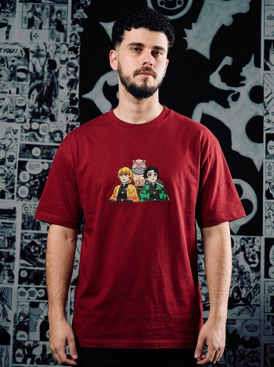 Demon Slayer Embroidered T-Shirt – Flame Hashira – Dark Red
