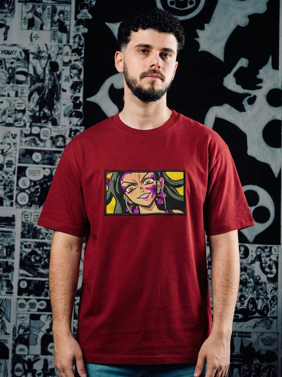 Demon Slayer Embroidered T-Shirt – Water Hashira – Dark Red