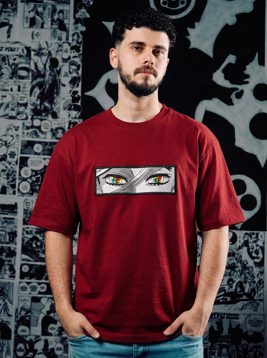 Demon Slayer Embroidered T-Shirt – Insect Hashira – Dark Red