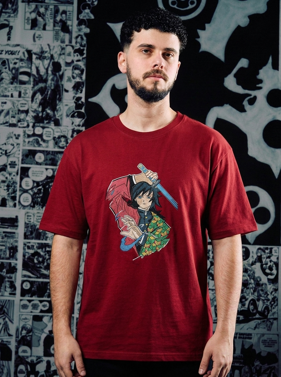 Demon Slayer Embroidered T-Shirt – Progenitor of Demons – Dark Red