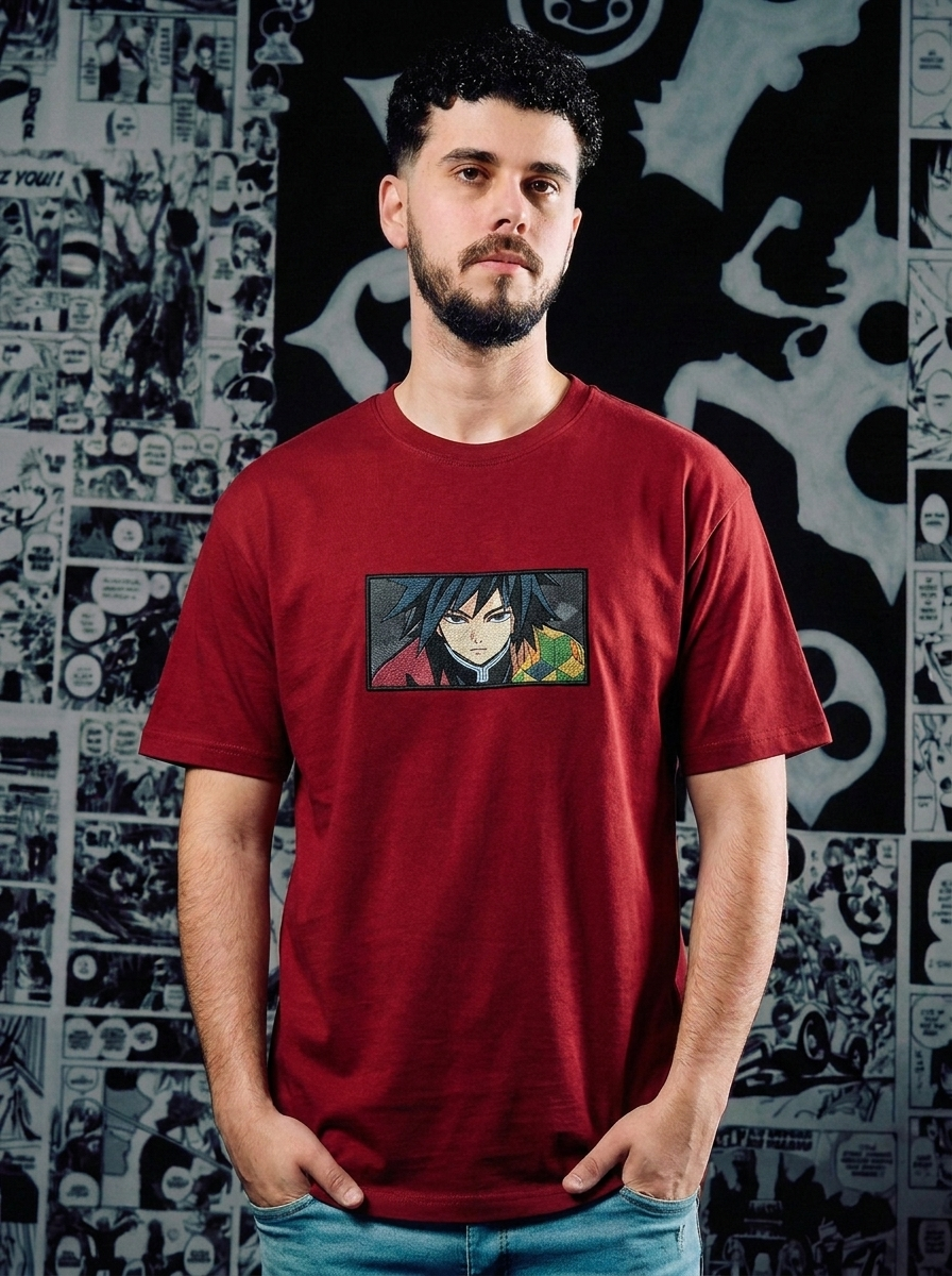 Demon Slayer Embroidered T-Shirt – Upper Moon Three – Dark Red