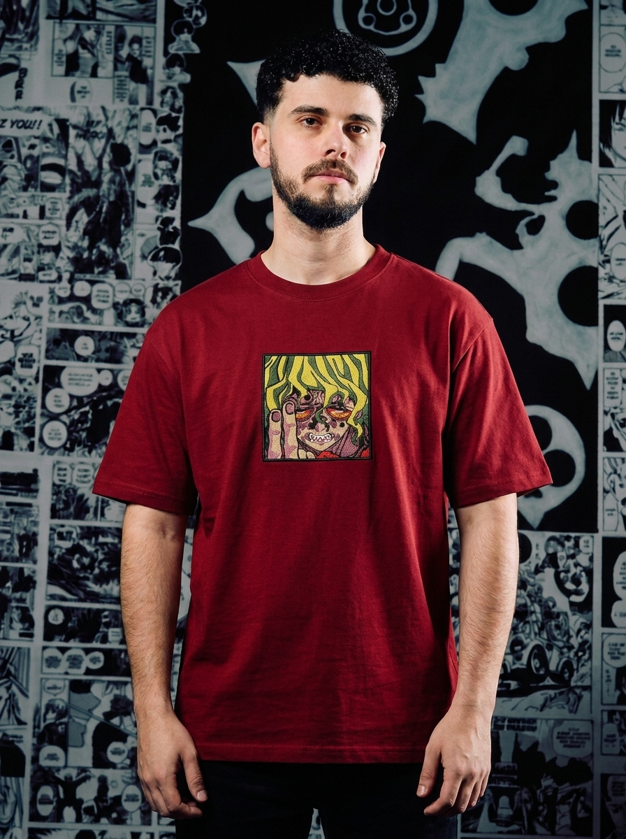 Demon Slayer Embroidered T-Shirt – Wind Hashira – Dark Red