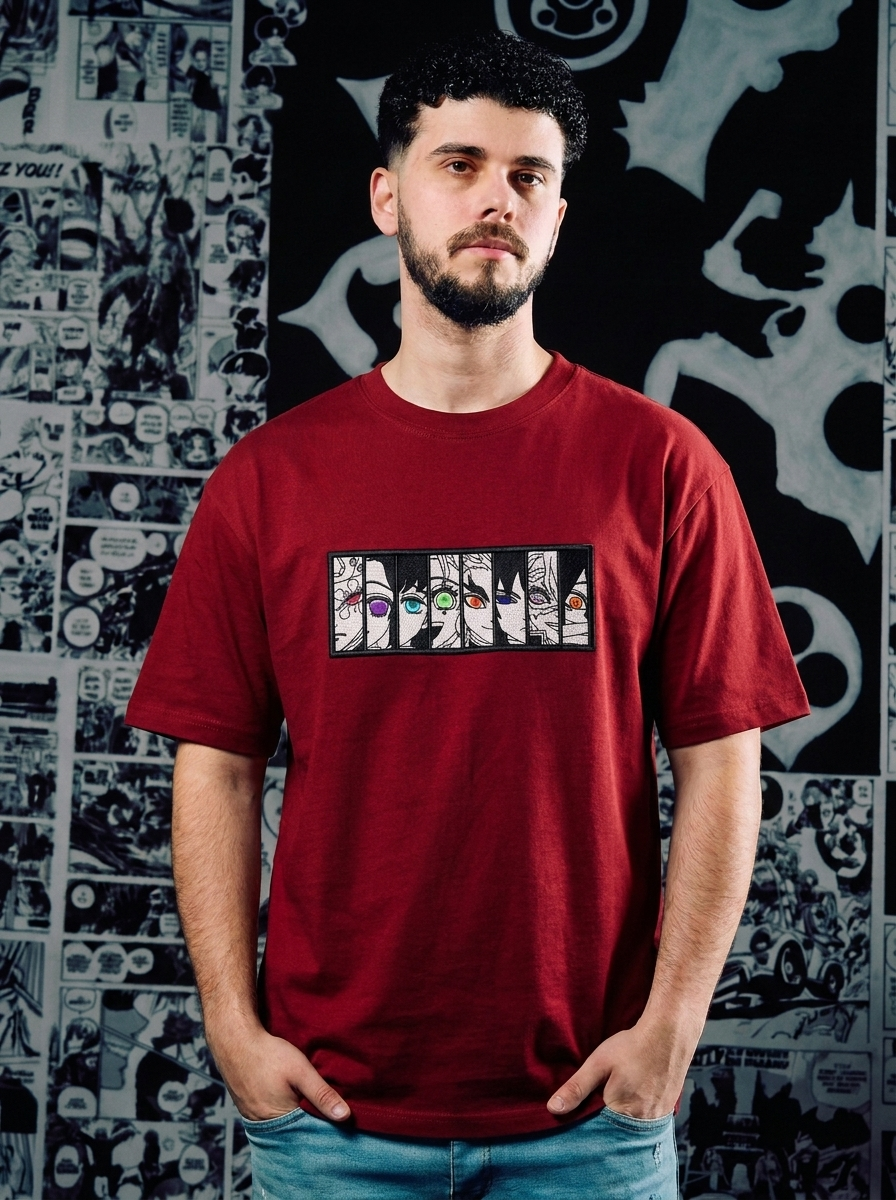 Demon Slayer Embroidered T-Shirt – Serpent Hashira – Dark Red
