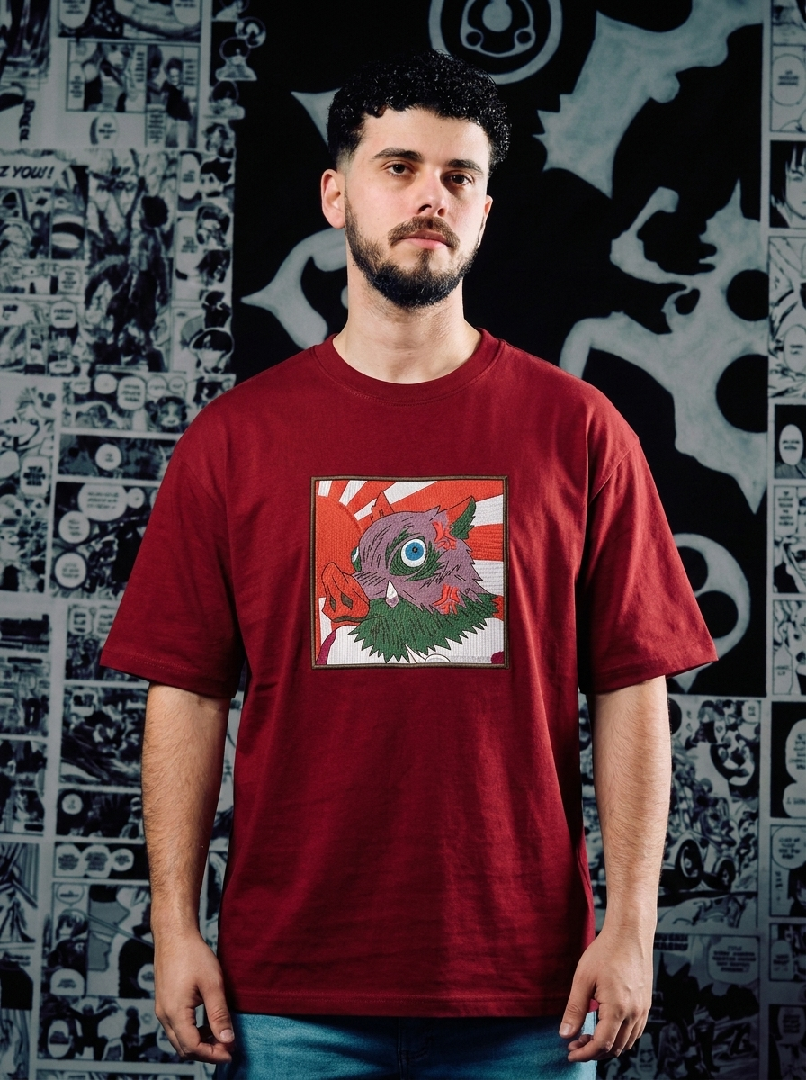 Demon Slayer Embroidered T-Shirt – Upper Moon Six: Gyutaro – Dark Red