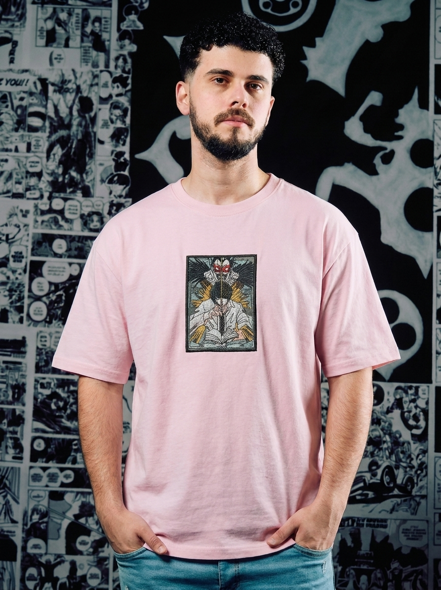 Death Note Embroidered T-Shirt – Shinigami's Apple – Light Pink