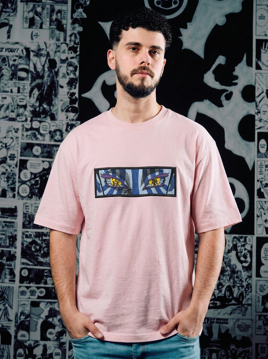 Demon Slayer Embroidered T-Shirt – Water Breathing – Light Pink