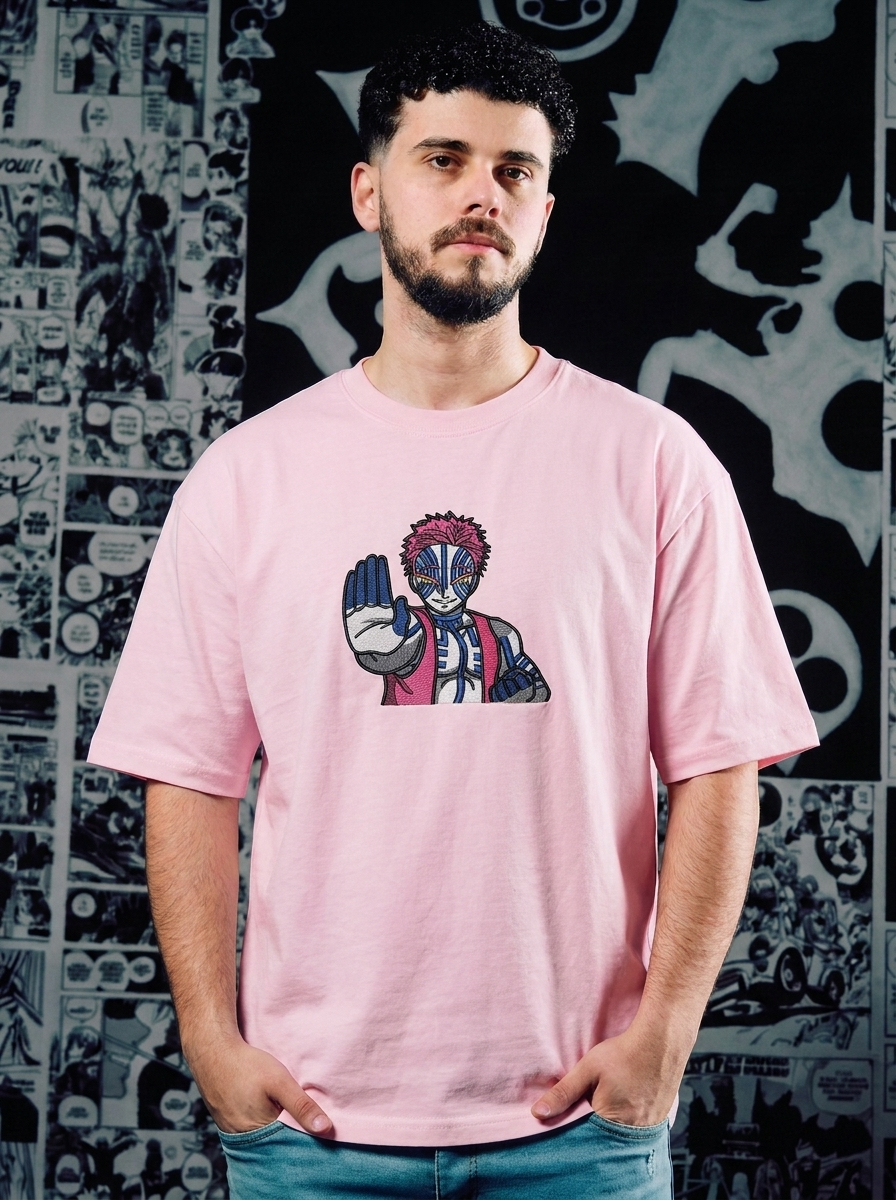 Demon Slayer Embroidered T-Shirt – Bamboo Muzzle – Light Pink