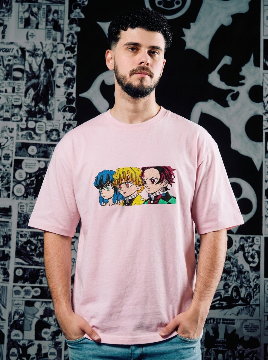 Demon Slayer Embroidered T-Shirt – Thunderclap and Flash – Light Pink
