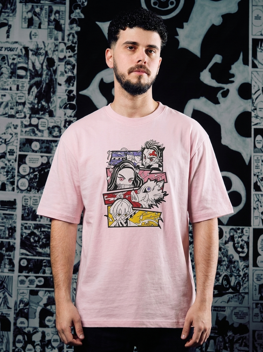 Demon Slayer Embroidered T-Shirt – Beast Breathing – Light Pink