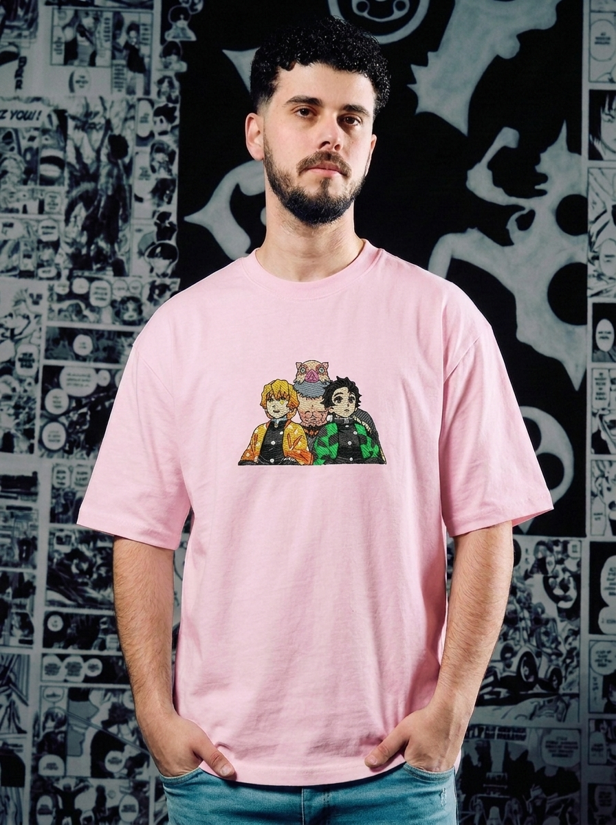 Demon Slayer Embroidered T-Shirt – Flame Hashira – Light Pink