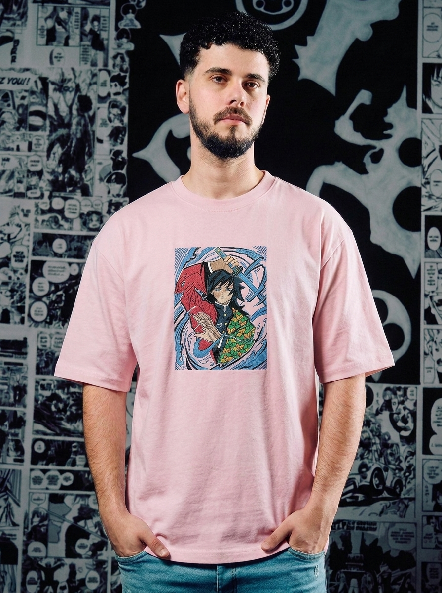 Demon Slayer Embroidered T-Shirt – Progenitor of Demons – Light Pink