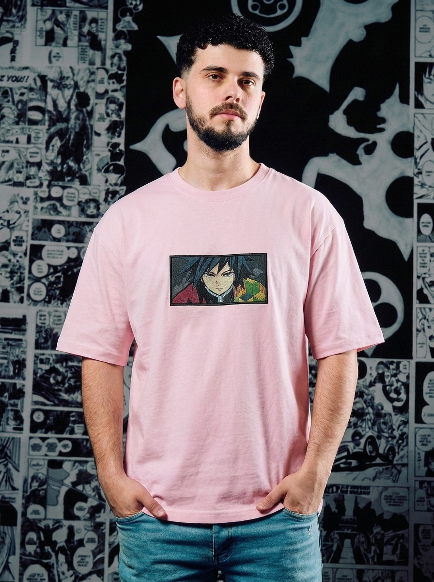 Demon Slayer Embroidered T-Shirt – Upper Moon Three – Light Pink
