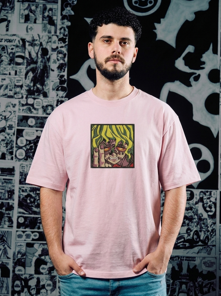 Demon Slayer Embroidered T-Shirt – Wind Hashira – Light Pink