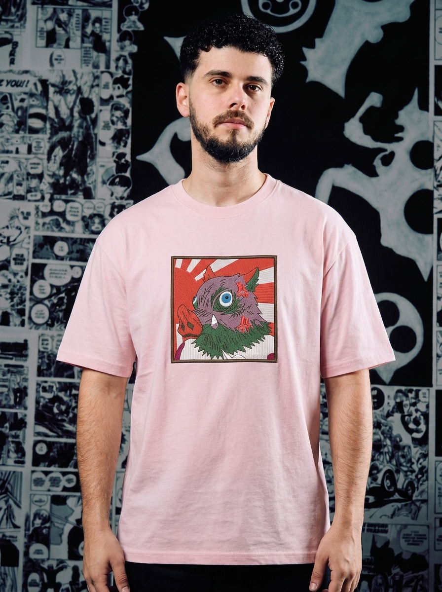 Demon Slayer Embroidered T-Shirt – Upper Moon Six: Gyutaro – Light Pink
